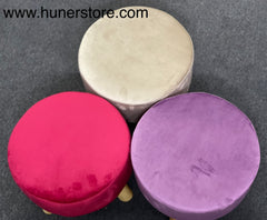 Whitish grey velvet foot stool with wooden legs
