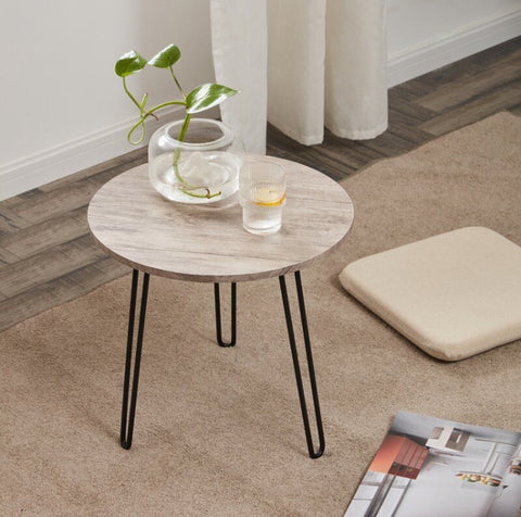 White oak round coffee table with hairpin legs
