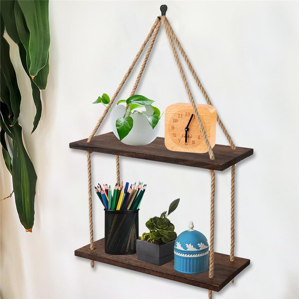 Rope Floating Solid Wood Wall Hanging Shelves Decor - waseeh.com