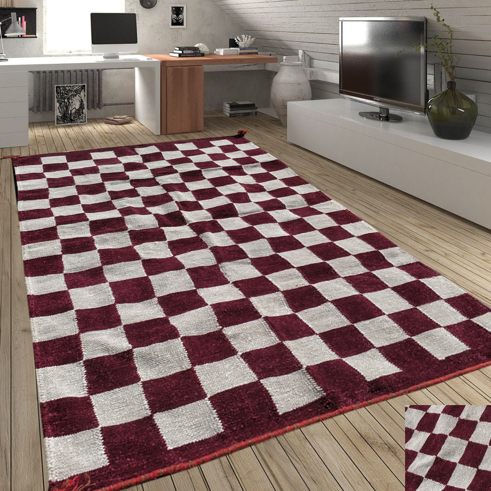 Checker Design Silver & Plum- Hand-woven Carpet- Double Seam - 4ft' x 6ft'