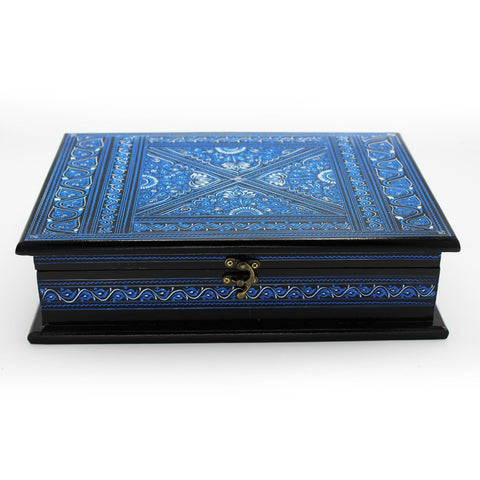 Wooden Hand Made Jewellery Box - Large - Blue - 13"x9"x3.5" - waseeh.com