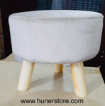 Whitish grey velvet foot stool with wooden legs