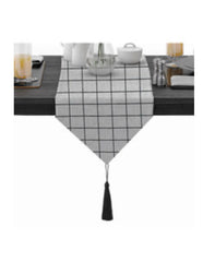 white & black checker table runner with tussle