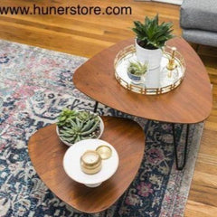 Set of 2 wooden top tables with iron stands