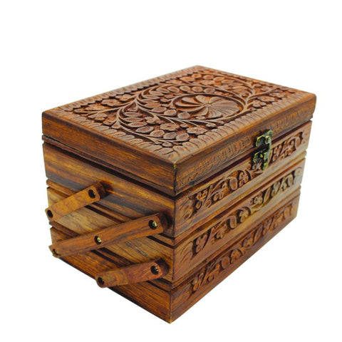 Wooden Hand Made Jewellery Box - Tri-Stepped - Carved - 6" x 8.5" - waseeh.com